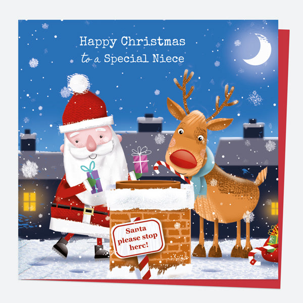 Christmas Card - Santa & Rudolph Fun - Chimney - Niece