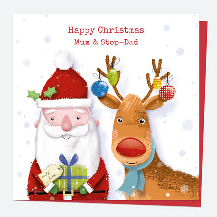 Christmas Card - Santa & Rudolph Fun - Gifts - Mum & Step-Dad