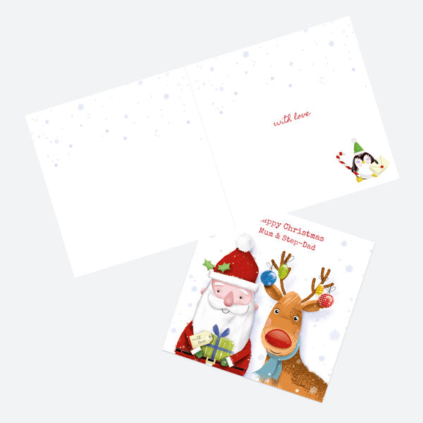 Christmas Card - Santa & Rudolph Fun - Gifts - Mum & Step-Dad