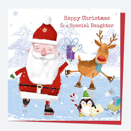 Christmas Card - Santa & Rudolph Fun - Ice Skating - Daughter