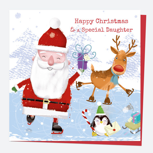 Christmas Card - Santa & Rudolph Fun - Ice Skating - Daughter