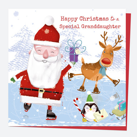 Christmas Card - Santa & Rudolph Fun - Ice Skating - Granddaughter
