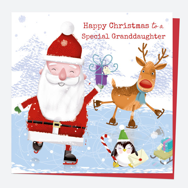 Christmas Card - Santa & Rudolph Fun - Ice Skating - Granddaughter