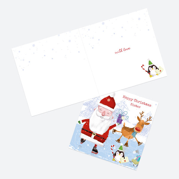 Christmas Card - Santa & Rudolph Fun - Ice Skating - Sister