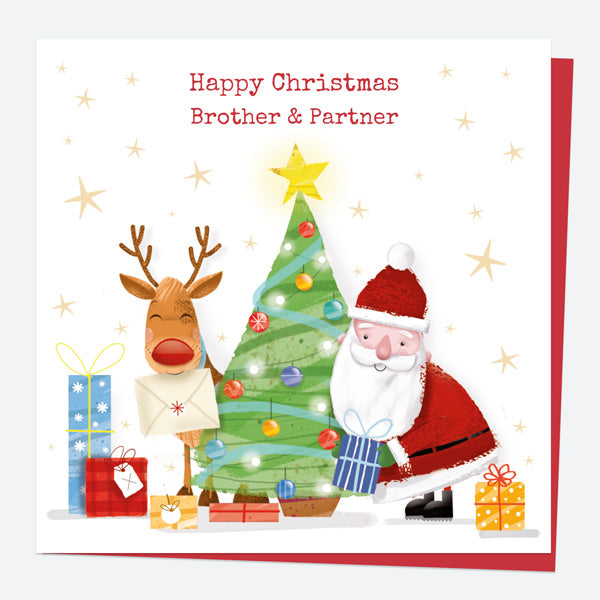 Christmas Card - Santa & Rudolph Fun - Tree - Brother & Partner