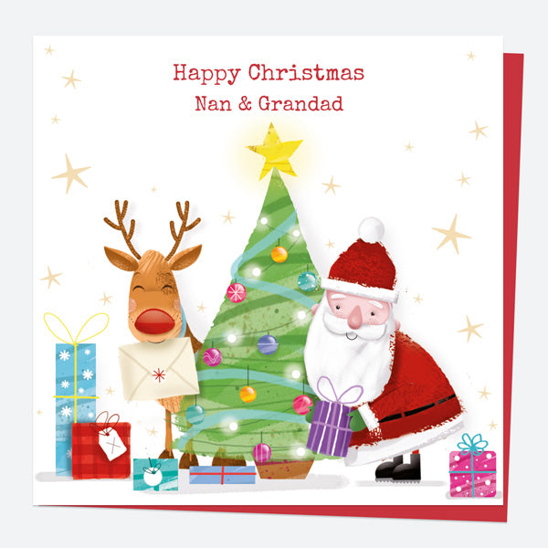 Christmas Card - Santa & Rudolph Fun - Tree - Nan & Grandad