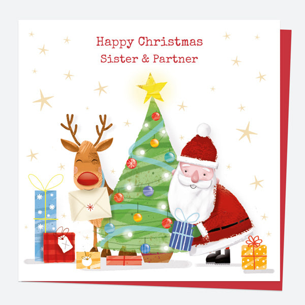 Christmas Card - Santa & Rudolph Fun - Tree - Sister & Partner