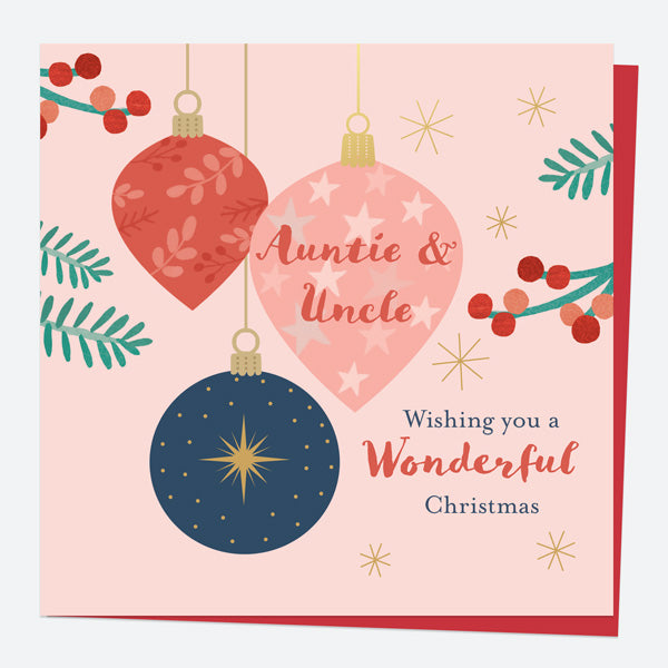Luxury Foil Christmas Card - Baubles & Berries - Auntie & Uncle