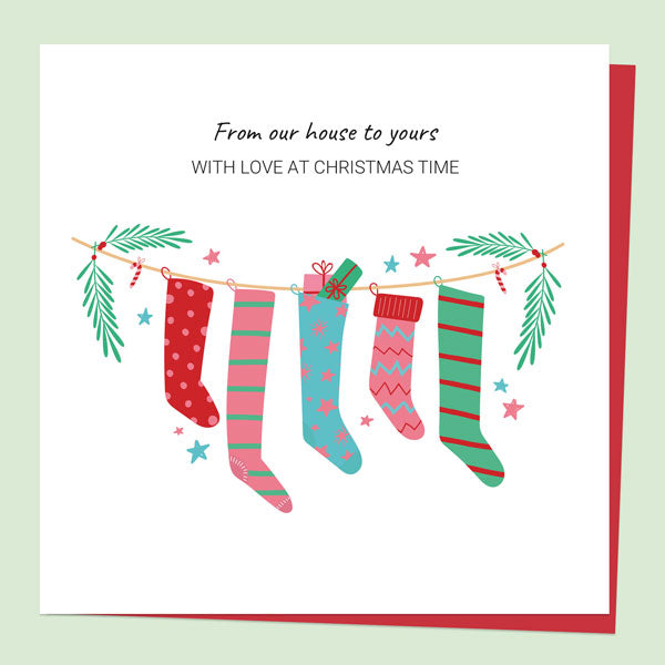 Christmas Card - Festive Brights Stockings - From Our House To Yours