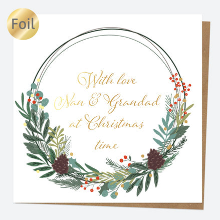 Luxury Foil Christmas Card - Festive Foliage - Wreath - Nan & Grandad