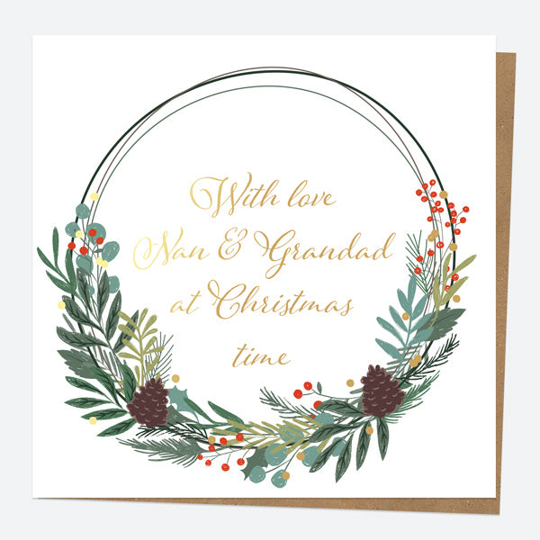 Luxury Foil Christmas Card - Festive Foliage - Wreath - Nan & Grandad