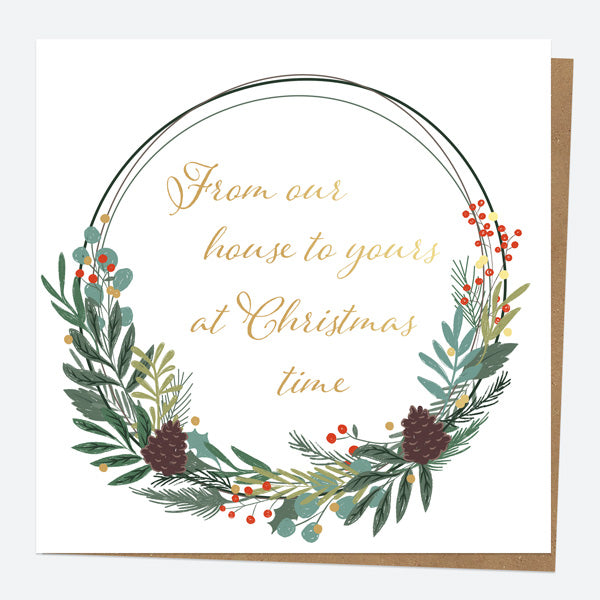 Luxury Foil Christmas Card - Festive Foliage - Wreath - Our House To Yours