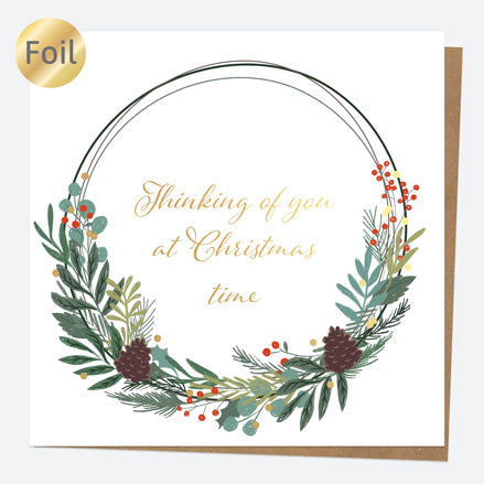 Luxury Foil Christmas Card - Festive Foliage - Wreath - Thinking of You