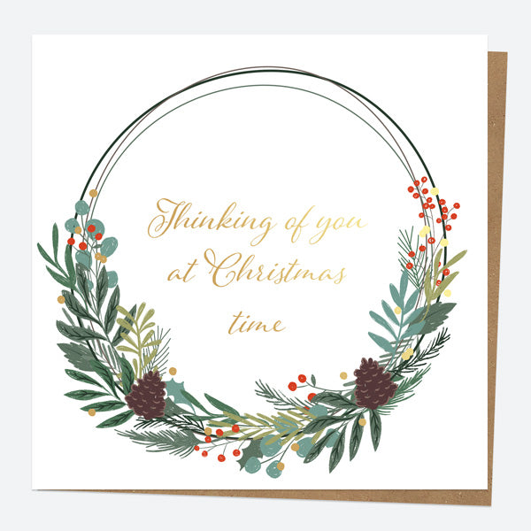 Luxury Foil Christmas Card - Festive Foliage - Wreath - Thinking of You