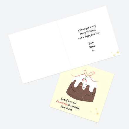 Personalised Single Christmas Card - Festive Food - Pudding - Mum & Dad