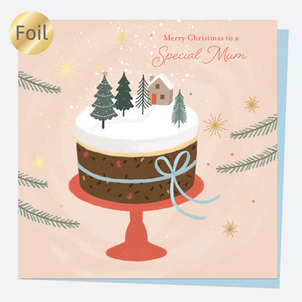 Luxury Foil Christmas Card - Festive Sentiments - Decorated Cake - Mum