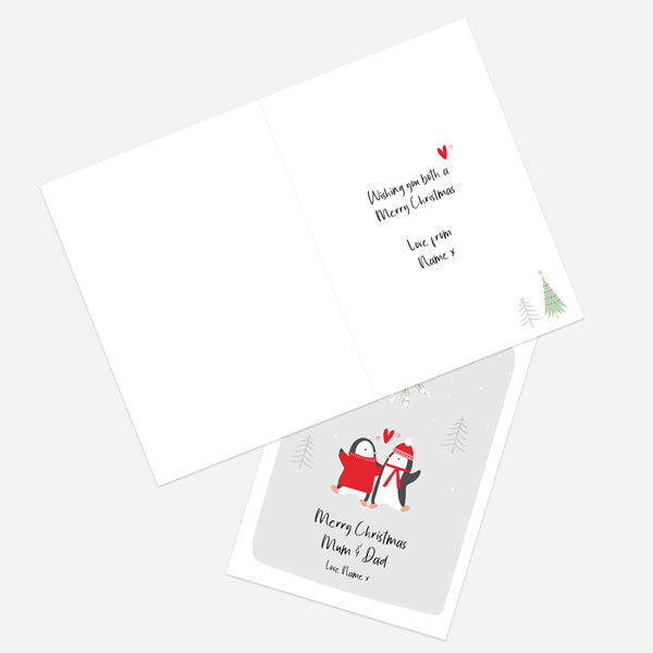 Personalised Single Christmas Card - Penguin Friends - Mistletoe - Mum & Dad