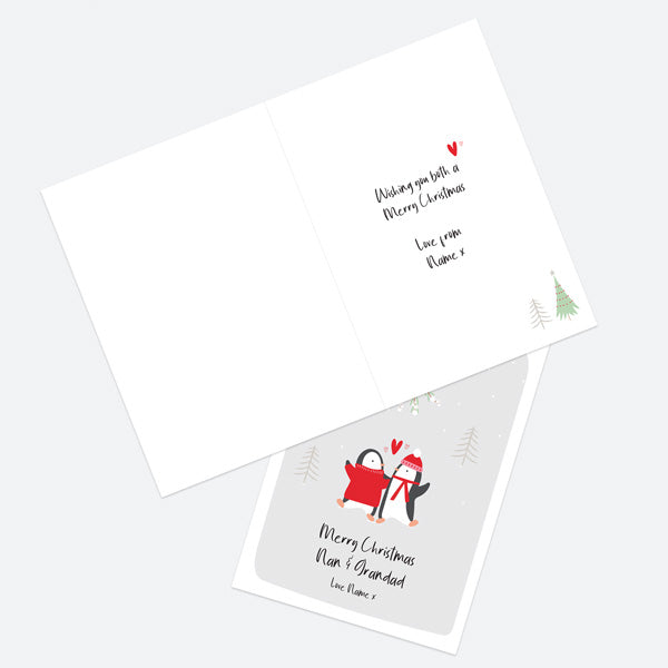 Personalised Single Christmas Card - Penguin Friends - Mistletoe - Nan & Grandad