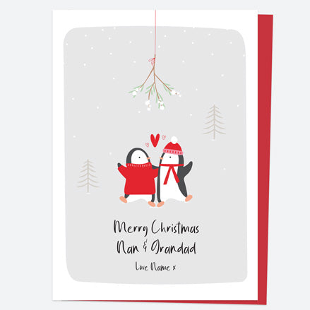 Personalised Single Christmas Card - Penguin Friends - Mistletoe - Nan & Grandad
