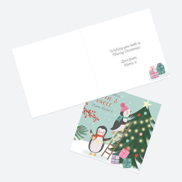 Personalised Single Christmas Card - Polar Pals - Decorating Tree - Auntie & Uncle
