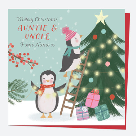 Personalised Single Christmas Card - Polar Pals - Decorating Tree - Auntie & Uncle