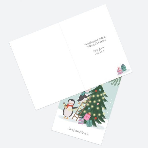 Personalised Single Christmas Card - Polar Pals - Decorating Tree - Brother & Sister-In-Law