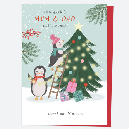 Personalised Single Christmas Card - Polar Pals - Decorating Tree - Mum & Dad