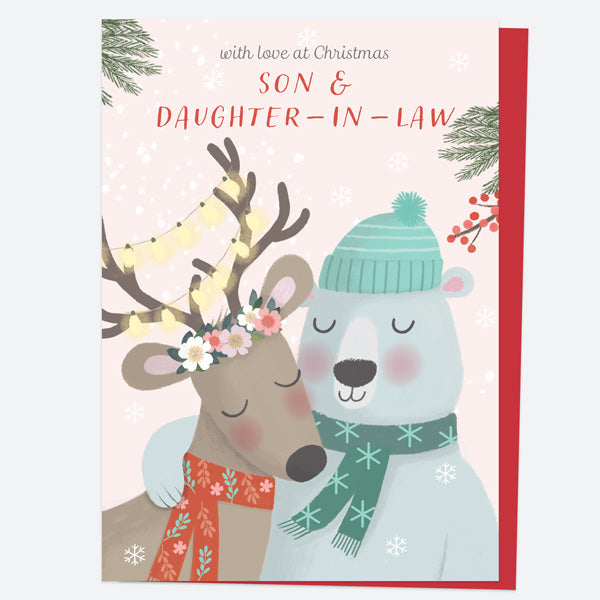 Personalised Single Christmas Card - Polar Pals - Deer & Polar Bear - Son & Daughter-In-Law