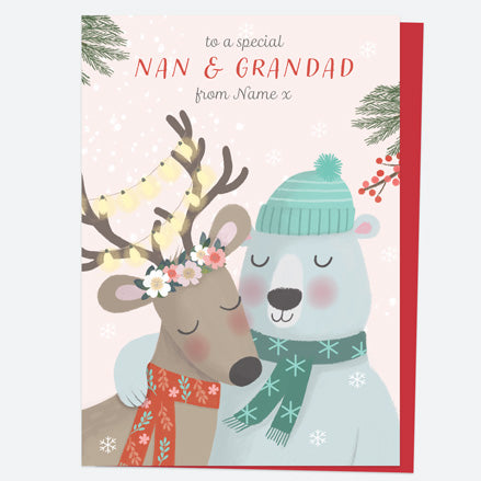 Personalised Single Christmas Card - Polar Pals - Deer & Polar Bear - Nan & Grandad