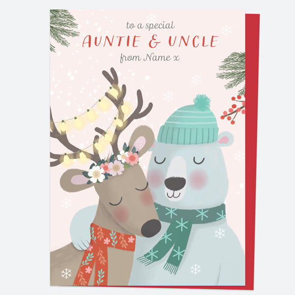 Personalised Single Christmas Card - Polar Pals - Deer & Polar Bear - Auntie & Uncle