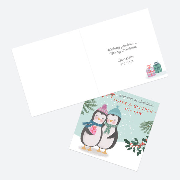 Personalised Single Christmas Card - Polar Pals - Penguin Hug - Sister & Brother-In-Law