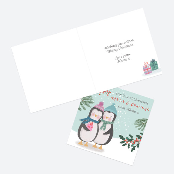 Personalised Single Christmas Card - Polar Pals - Penguin Hug - Nanny & Grandad