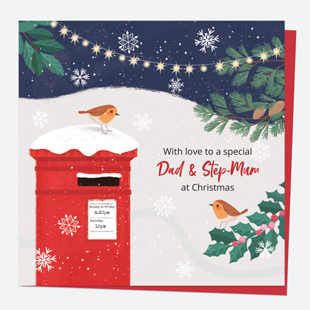 Christmas Card - Postbox & Robin - Night Lights - Dad & Step-Mum