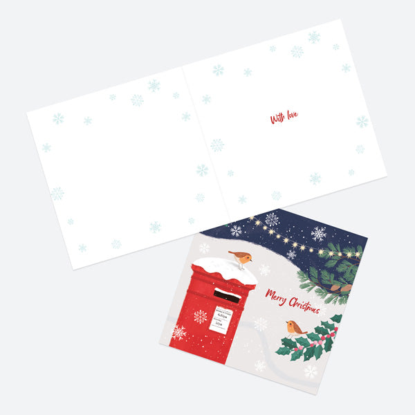 Christmas Card - Postbox & Robin - Night Lights - Merry Christmas