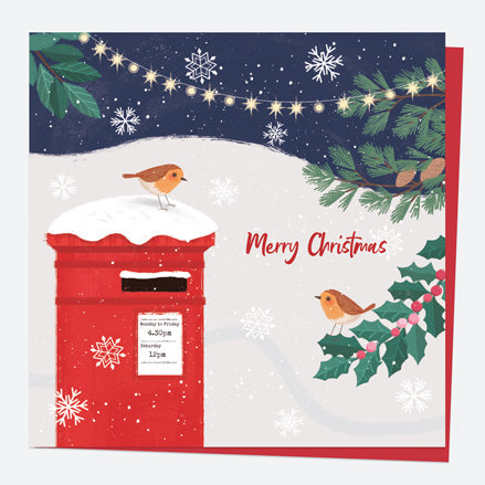 Christmas Card - Postbox & Robin - Night Lights - Merry Christmas