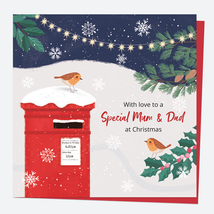 Christmas Card - Postbox & Robin - Night Lights - Mum & Dad