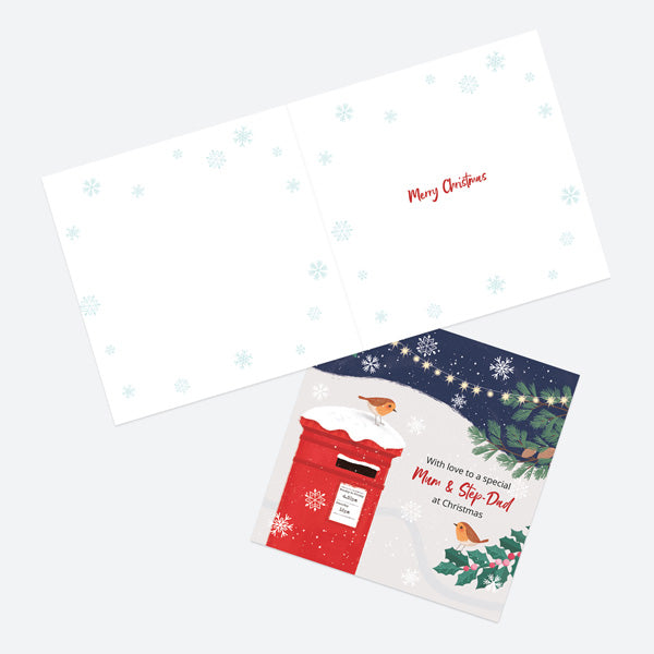 Christmas Card - Postbox & Robin - Night Lights - Mum & Step-Dad