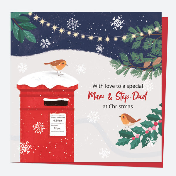 Christmas Card - Postbox & Robin - Night Lights - Mum & Step-Dad