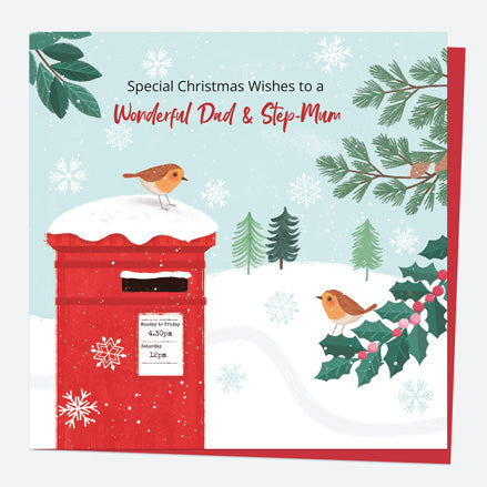 Christmas Card - Postbox & Robin - Snowy Day - Dad & Step-Mum