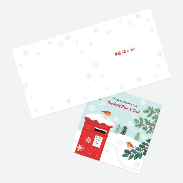 Christmas Card - Postbox & Robin - Snowy Day - Mum & Dad