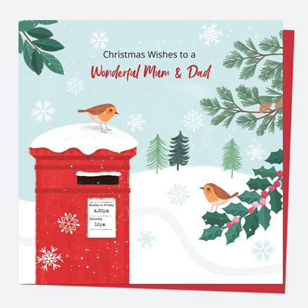 Christmas Card - Postbox & Robin - Snowy Day - Mum & Dad