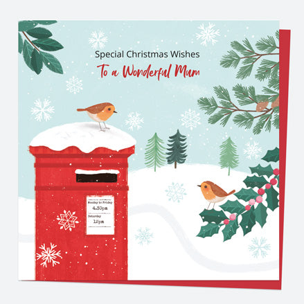 Christmas Card - Postbox & Robin - Snowy Day - Mum