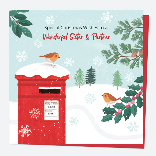 Christmas Card - Postbox & Robin - Snowy Day - Sister & Partner