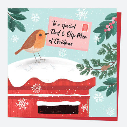 Christmas Card - Postbox & Robin - Special Delivery - Dad & Step-Mum