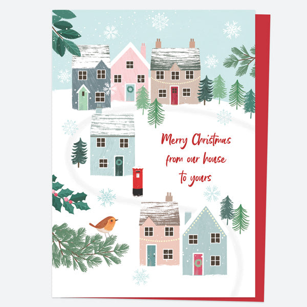 Christmas Card - Postbox & Robin - Town Scene - From Our House To Yours