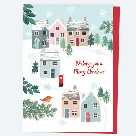Christmas Card - Postbox & Robin - Town Scene - Merry Christmas