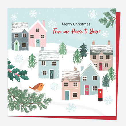 Christmas Card - Postbox & Robin - Village Scene - From Our House To Yours