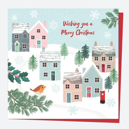 Christmas Card - Postbox & Robin - Village Scene - Merry Christmas