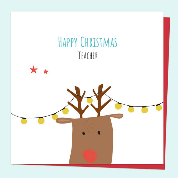 Christmas Card - Red Nose Reindeer - Lights Teacher