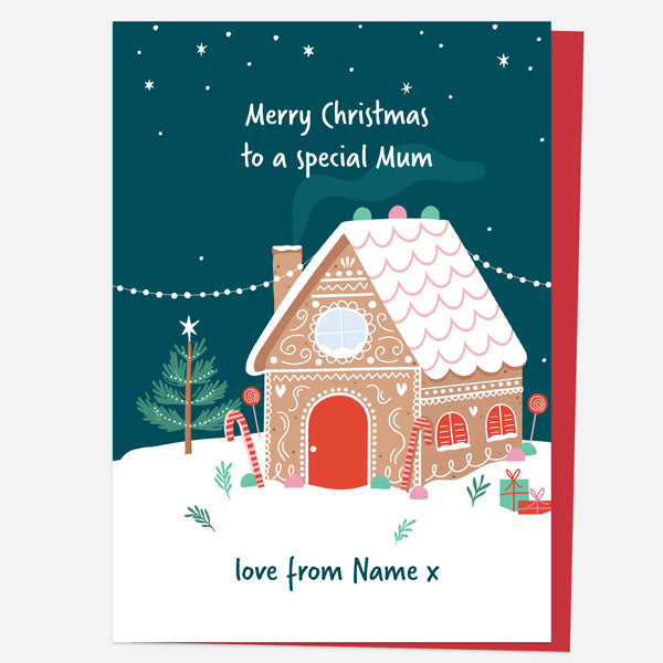 Personalised Single Christmas Card - Sweet Christmas - Gingerbread House - Special Mum